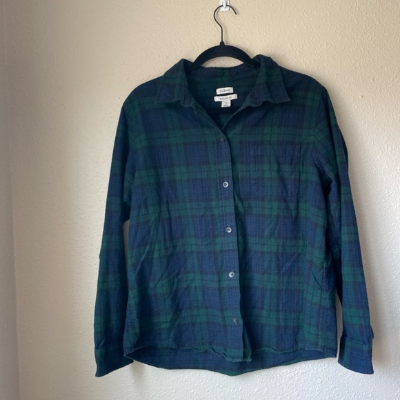 Women's L.L. Bean Scotch Plaid Green Blue Flannel Relaxed Fit Size Large Petite - Picture 2 of 11